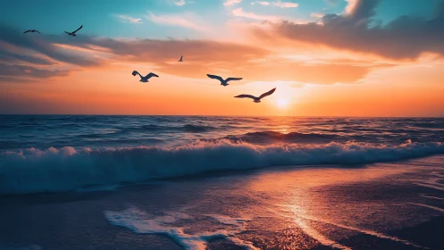 Colorful sunset over ocean waves with flying seabirds.