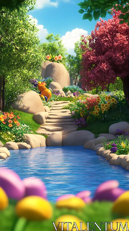 Sunlit critter garden by a candy-bright wishing pond.