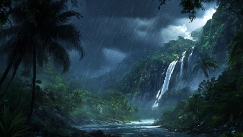 Dense rainforest waterfall under heavy rainfall and storm-lit sky