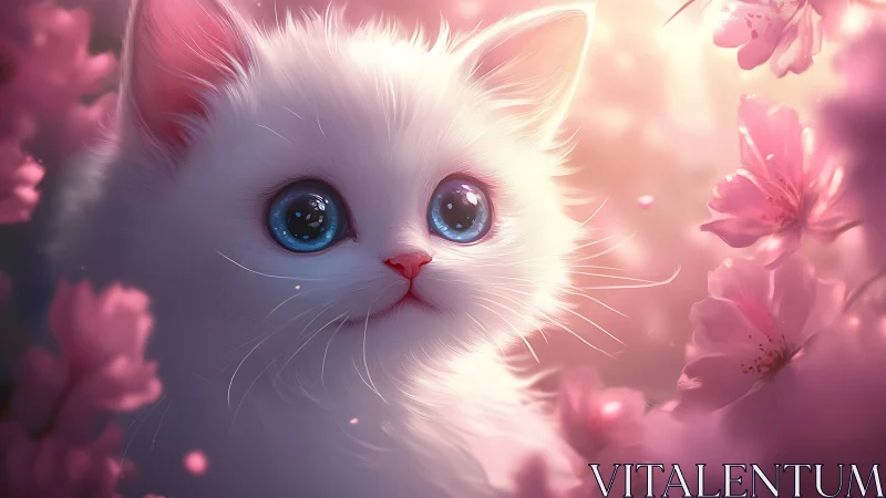 White feline subject with blue ocular features surrounded by pink floral elements.
