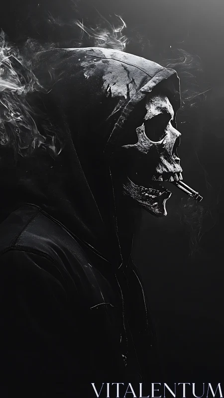 Hooded skeletal smoker emerges from swirling monochrome smoke