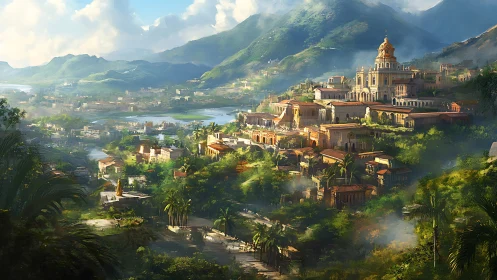 Sunlit hilltop city rises above lush riverside valleys