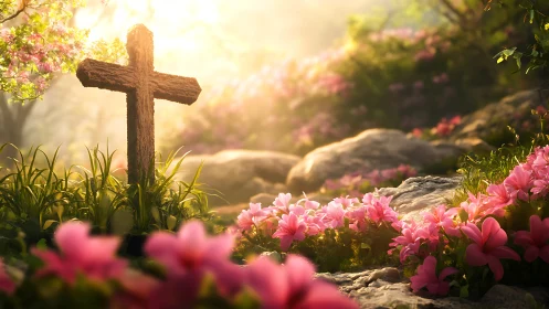 Sunlit wooden cross rises above blooming spring meadow.