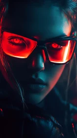 Cybernetic gaze with red neon visor and teal rim lighting