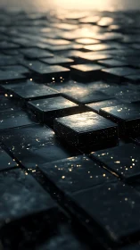 Reflective dark tiles with scattered light and water droplets.