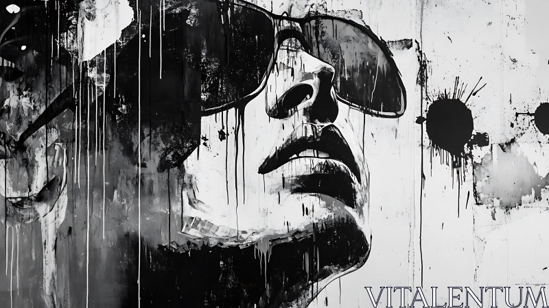Monochrome portrait mural of face in sunglasses on wall.