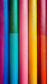 Vertical row of brightly painted wooden poles in rainbow colors.
