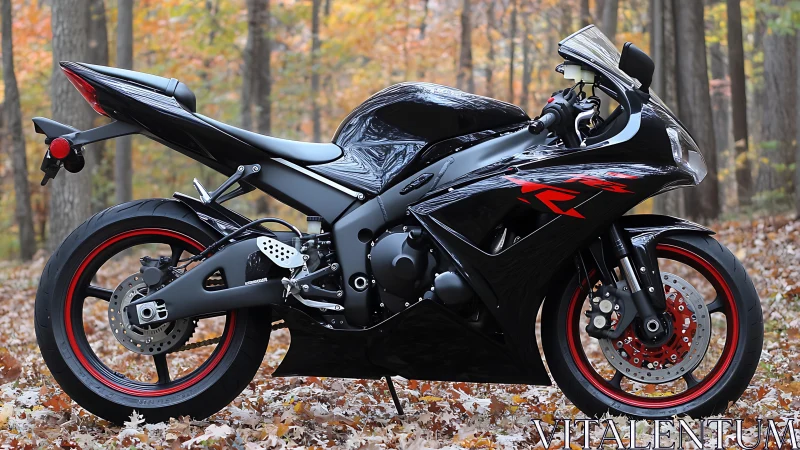 Supersport motorcycle side profile contrasts with autumn forest