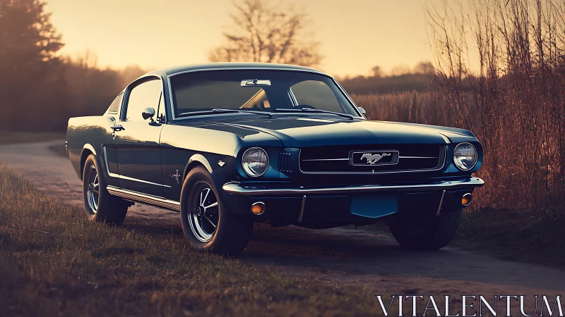 Classic blue Mustang basking in soft golden sunset light.