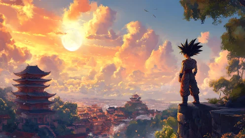 Anime warrior overlooking sunset city and temples.