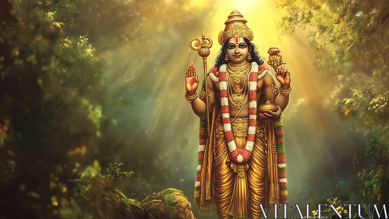 Deified golden figure in volumetric forest light rendering.