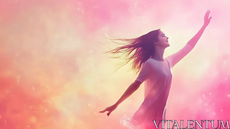 Woman Reaching Up in Dreamy Pink Light, Soft Artistic Style.
