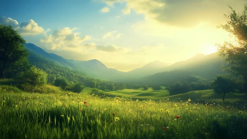 Sunlit mountain meadow with wildflowers and rolling hills.