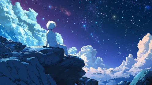 Solitary anime figure studies celestial sky from rocky height