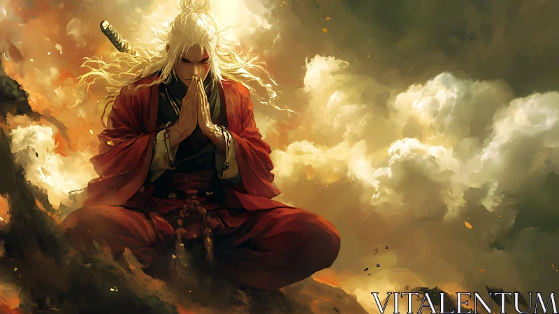 Meditating warrior channels fiery storm clouds in silence