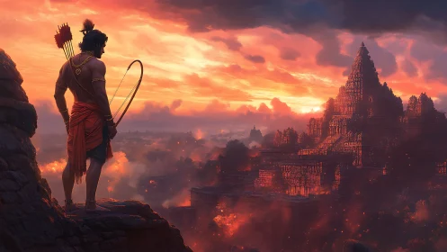 Warrior overlooks burning temple city at vivid dusk sky