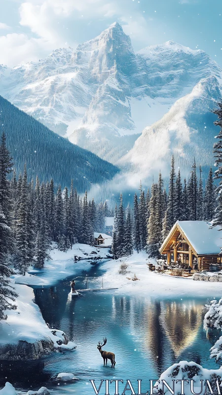 Snow-laden alpine river valley with log cabins and deer in focus