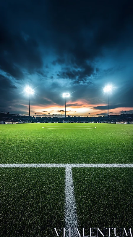 Floodlit soccer field glows warmly under a dramatic sunset sky