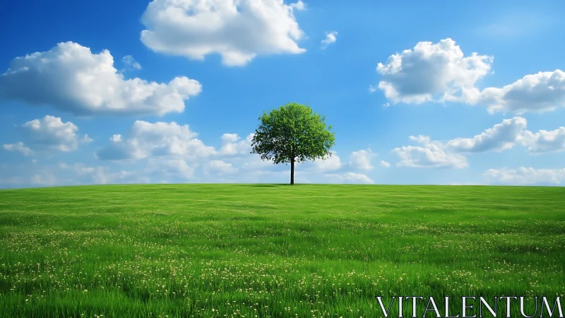 Lone Tree on Sunny Meadow Under Blue Sky, Photorealistic Style.