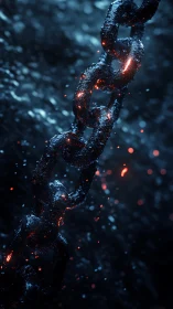 Molten embers crawling along wet forged iron chain links.