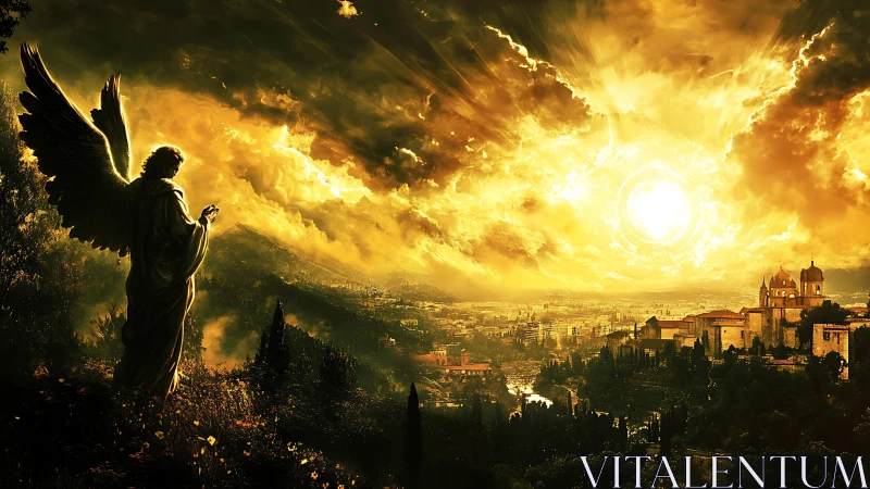 Golden angel silhouette above blazing celestial cityscape.