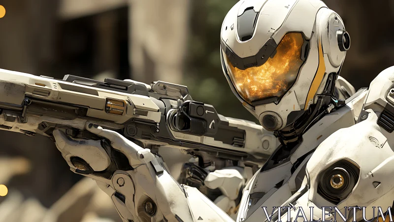 Armored sci fi soldier aims energy rifle in combat zone.