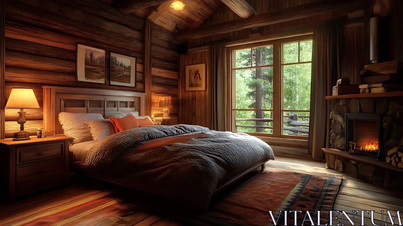 Cozy woodland cabin bedroom glowing with firelight and calm.