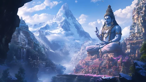 Mountain landscape with monumental seated deity sculpture.