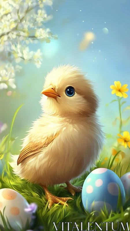 High-fidelity springtime chick render with decorative eggs.
