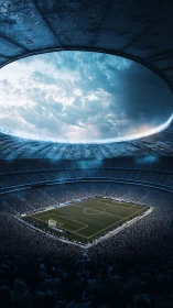 Vast night stadium encircles luminous football pitch below.