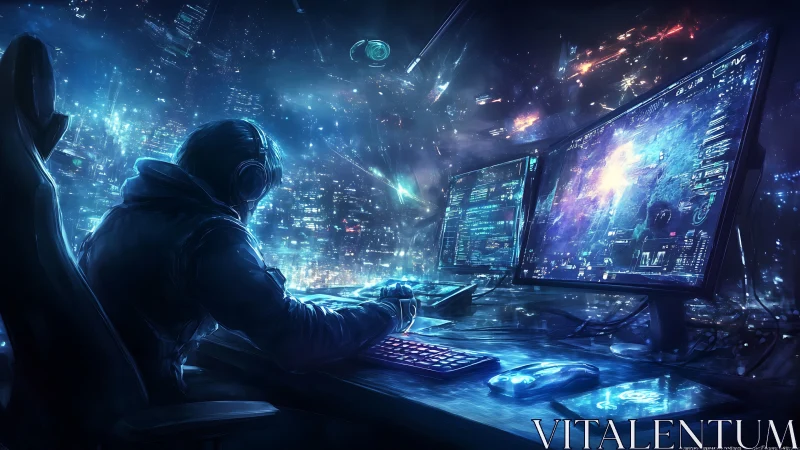 Cyberpunk operator at holographic command workstation interface.