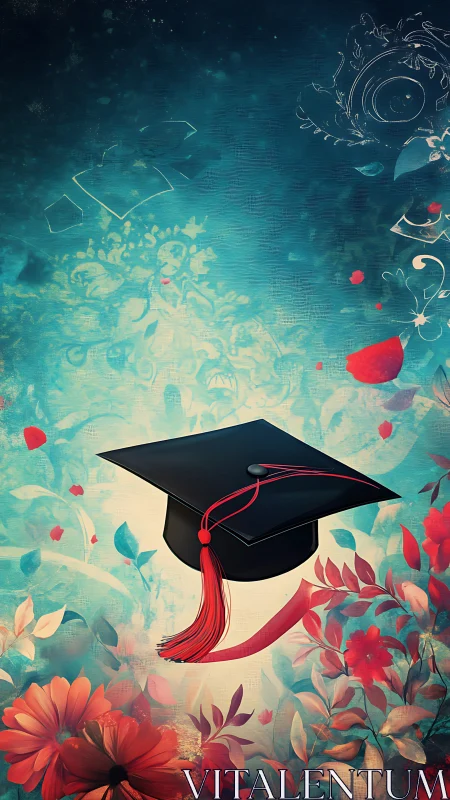 Graduation cap floats amid vibrant floral celebration background