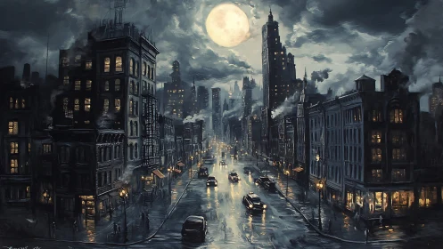 Moonlit wet city street with dense buildings and traffic