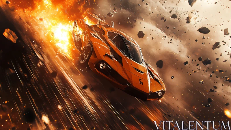 Futuristic orange supercar streaking through fiery meteor storm.