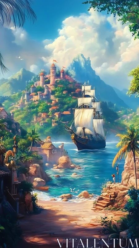 Medieval Castle Kingdom with Sailship Arrival.