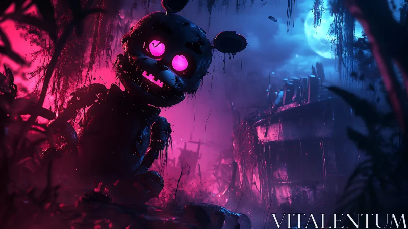 Corroded animatronic bear in neon swamp with wreckage at night