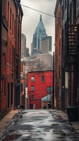 Rain-soaked alley frames red brick and distant skyline.