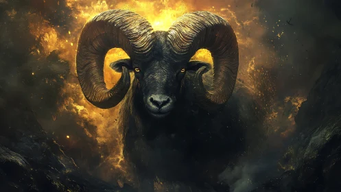 Digital painting of infernal ram in cinematic chiaroscuro focus.