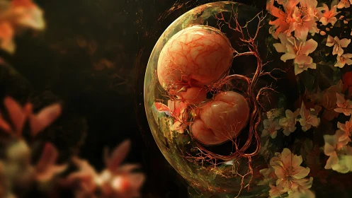 Twin embryonic forms suspended in organic floral vascular sphere