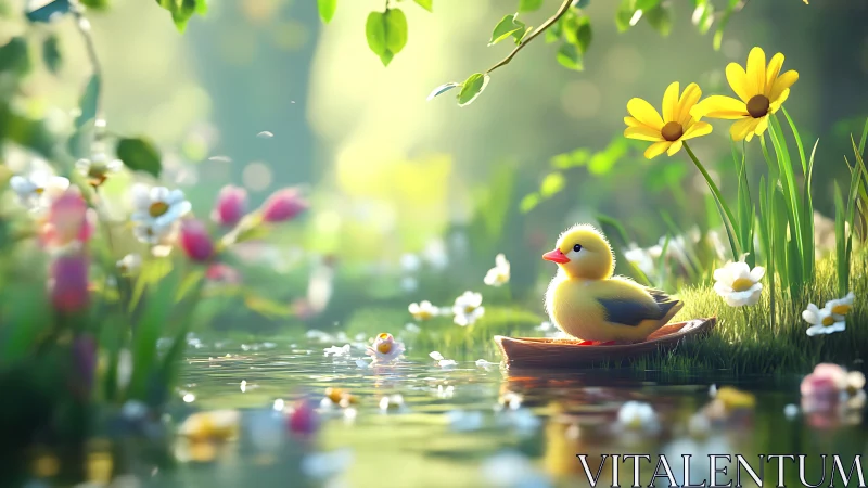 Micro-environmental creek scene with stylized duckling vessel.