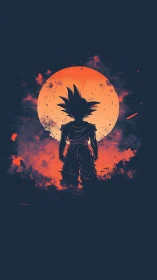 Silhouetted warrior drinks in the volcanic anime moonrise