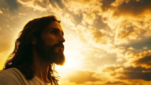 Golden sky portrait of a serene, thoughtful wanderer.