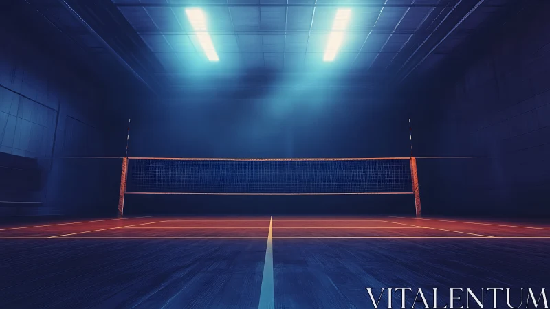 Cinematic indoor volleyball court with neon rim lighting design.