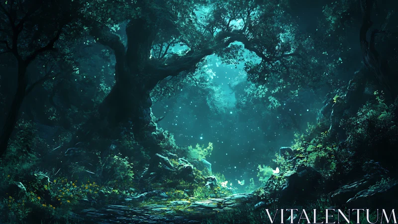 Enchanted forest grotto with luminous magical atmosphere.