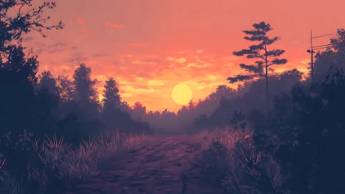 Digital sunset woodland path with atmospheric perspective rendering.