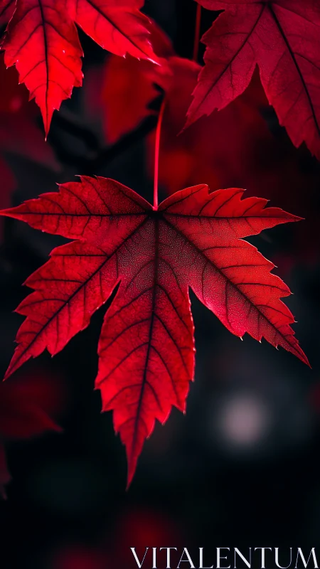 Red maple leaf macro on dark out of focus background.