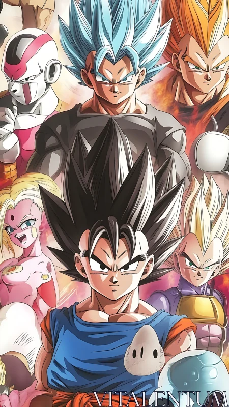 Multilayered anime battle tableau with high-energy character clustering.