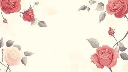 Botanical illustration with pink roses and buds on cream background.