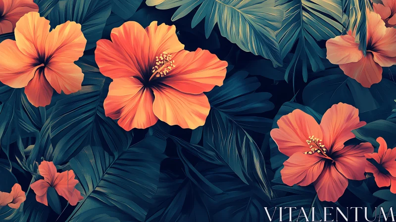 Red hibiscus flowers with tropical foliage arrangement.