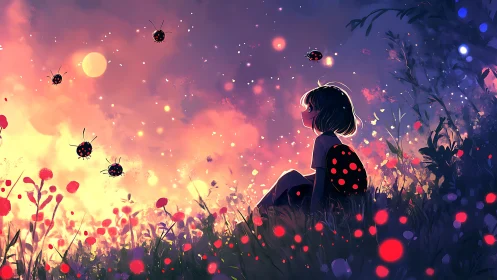 Child and ladybugs sit in a luminous, stylized meadow